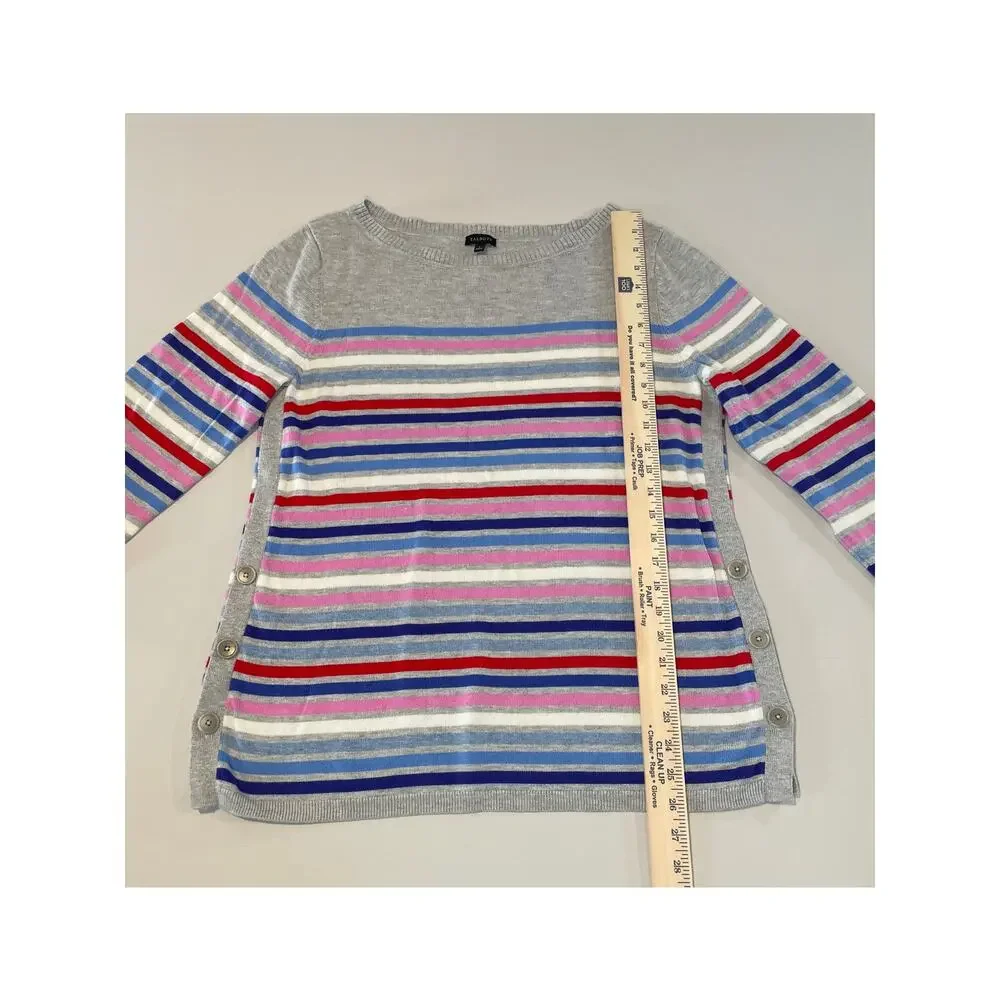 Talbots Multicolor Stripe Sweater Heather Gray Side Button Trim Lightweight